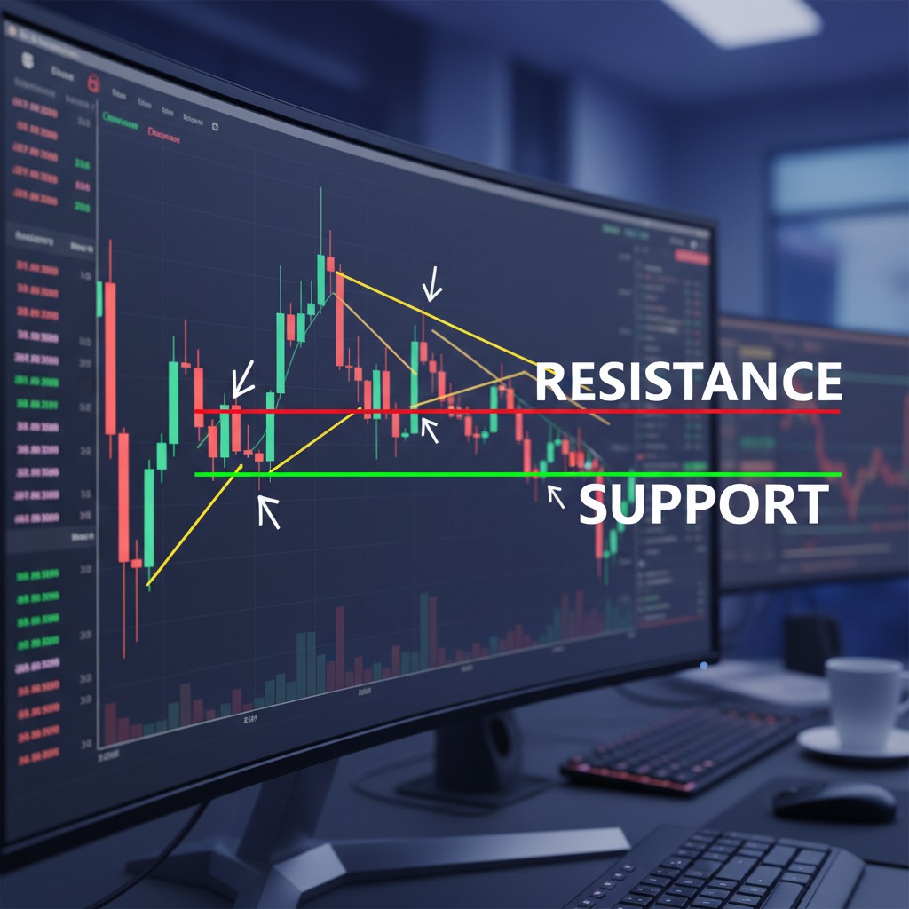 A computer monitor displays a stock market candlestick chart with overlaid lines and arrows illustrating resistance and support levels.