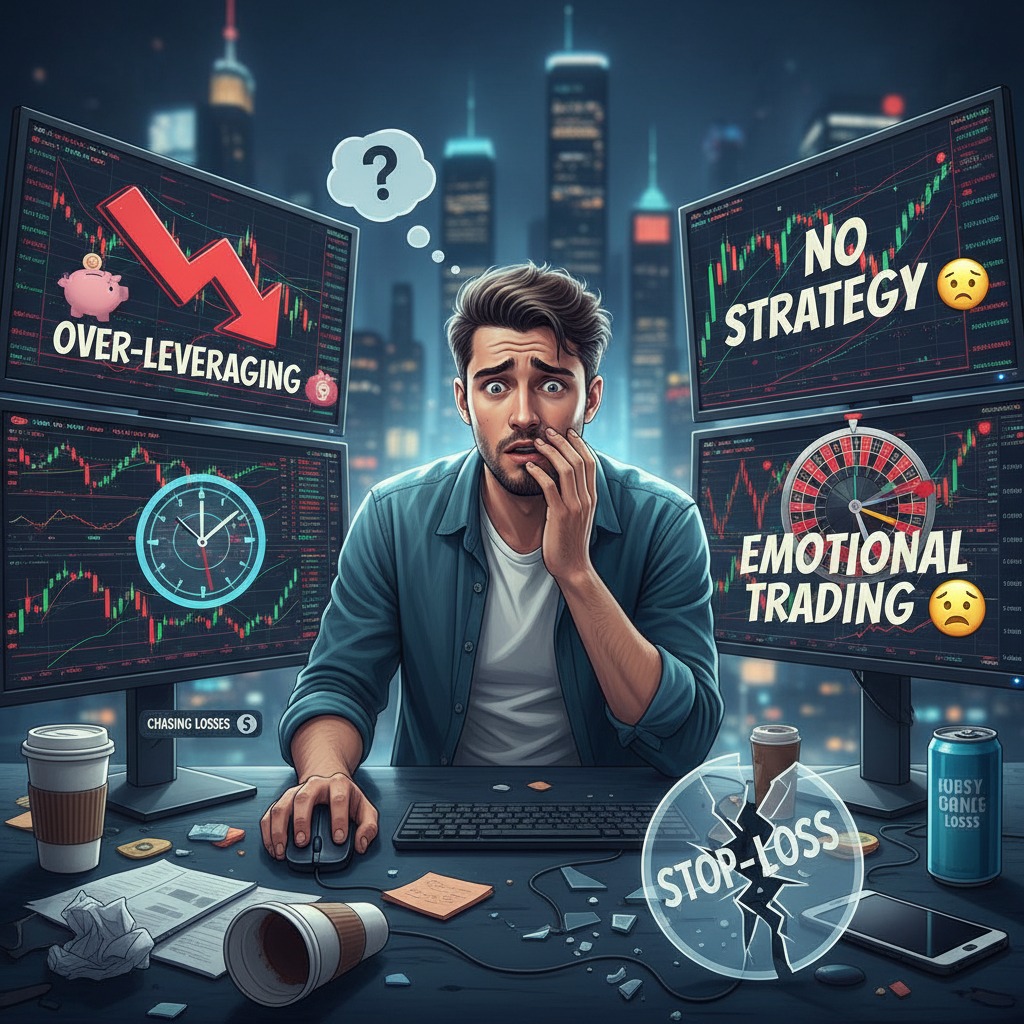 A stressed trader sits at a desk surrounded by multiple computer monitors displaying financial charts and warnings about common trading mistakes like over-leveraging and emotional decision-making.