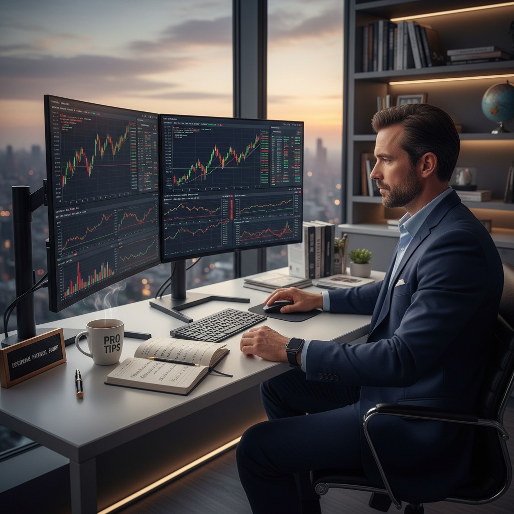 A professional man in a suit sits at a desk in a high-rise office, analyzing financial stock market charts on dual computer monitors.