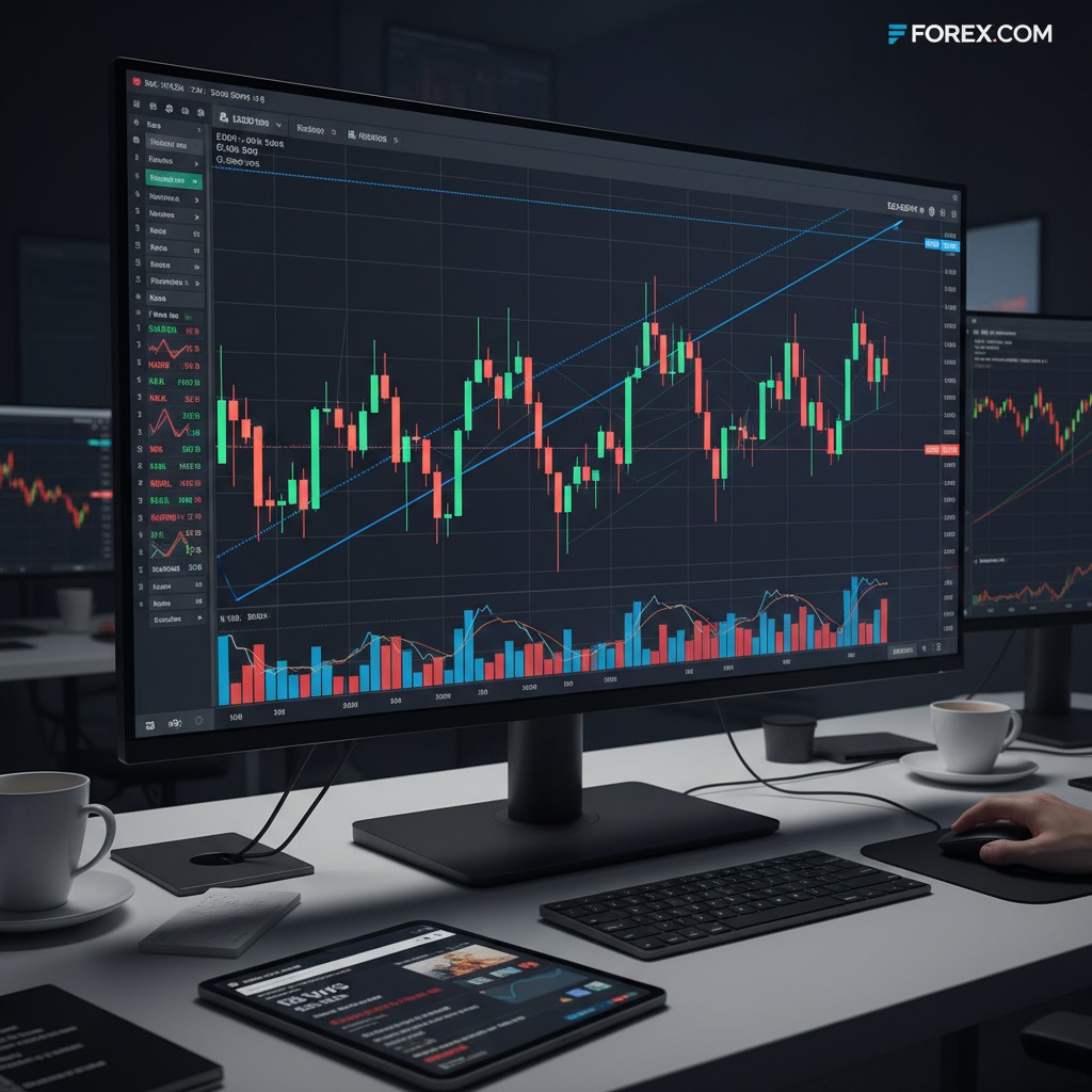 A computer monitor displays a financial trading chart with red and green candlesticks on a desk with a keyboard, mouse, and coffee cup.