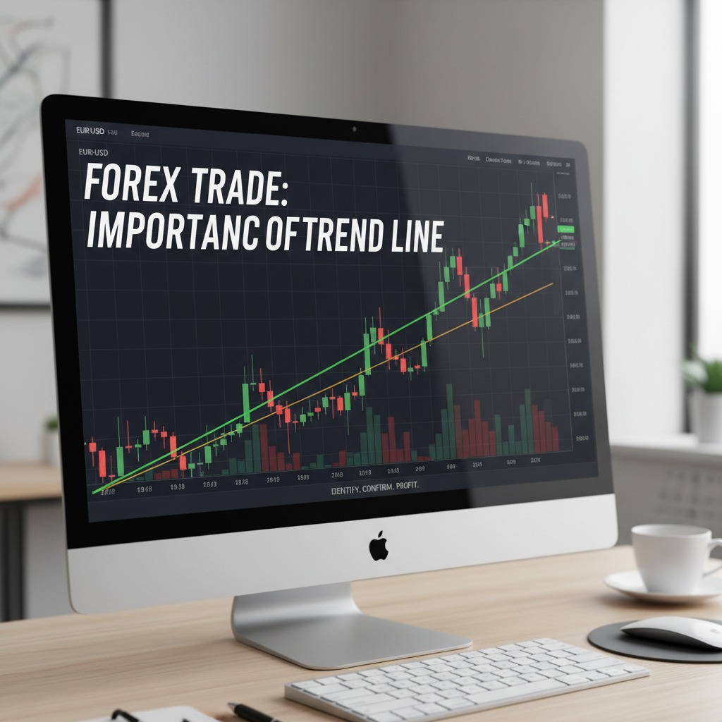 A computer monitor on a desk displays a forex trading chart with an upward trend line and the text "FOREX TRADE: IMPORTANC OF TREND LINE."