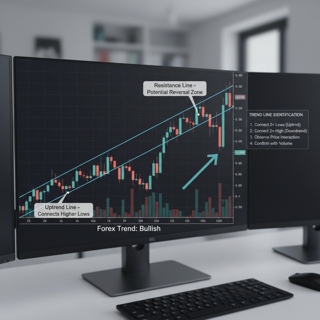 A computer monitor displays a bullish forex trading chart with trend lines and identification instructions overlaid on the screen.