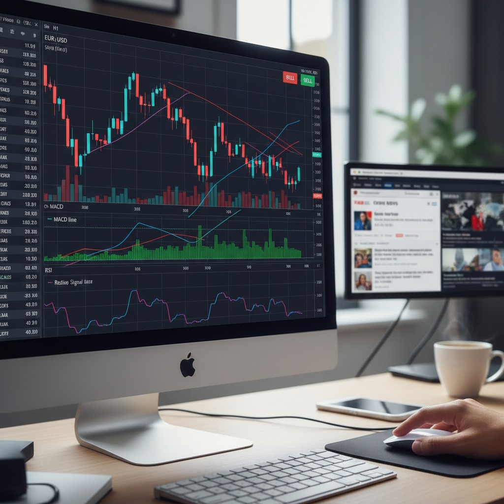 A computer monitor displays complex financial trading charts with red and green candlesticks while a person uses a mouse on a desk.