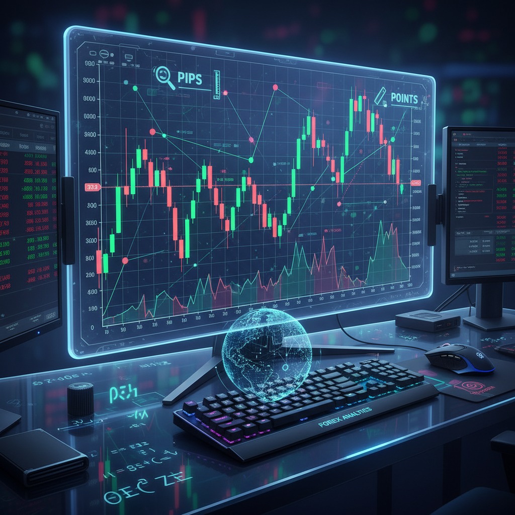 A computer monitor displays a glowing financial candlestick chart with a digital globe hovering above a keyboard on a desk.