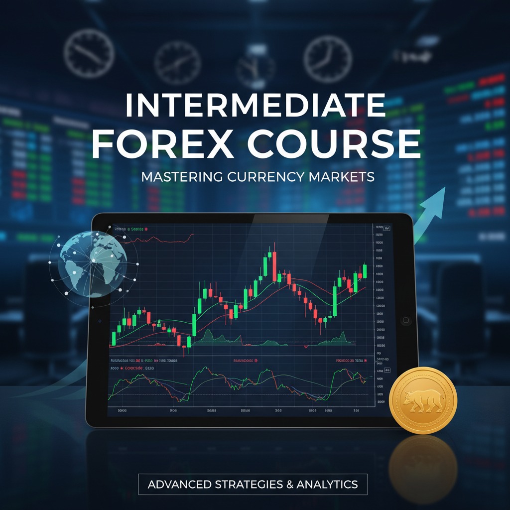 A tablet displays a forex trading chart with a globe icon and a gold bull coin against a blurred background of financial market data.