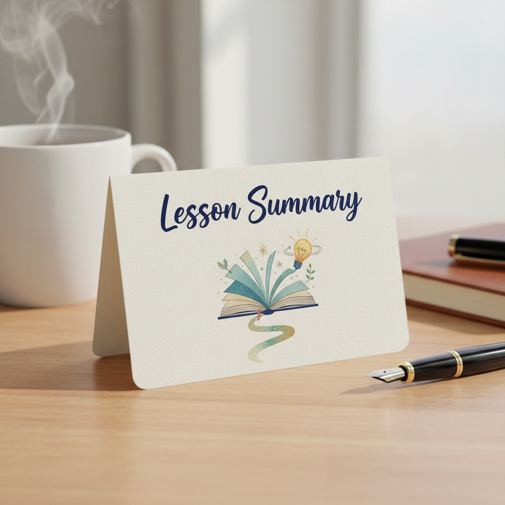 A folded card labeled "Lesson Summary" with an illustration of an open book and a lightbulb sits on a wooden desk next to a steaming mug and a fountain pen.