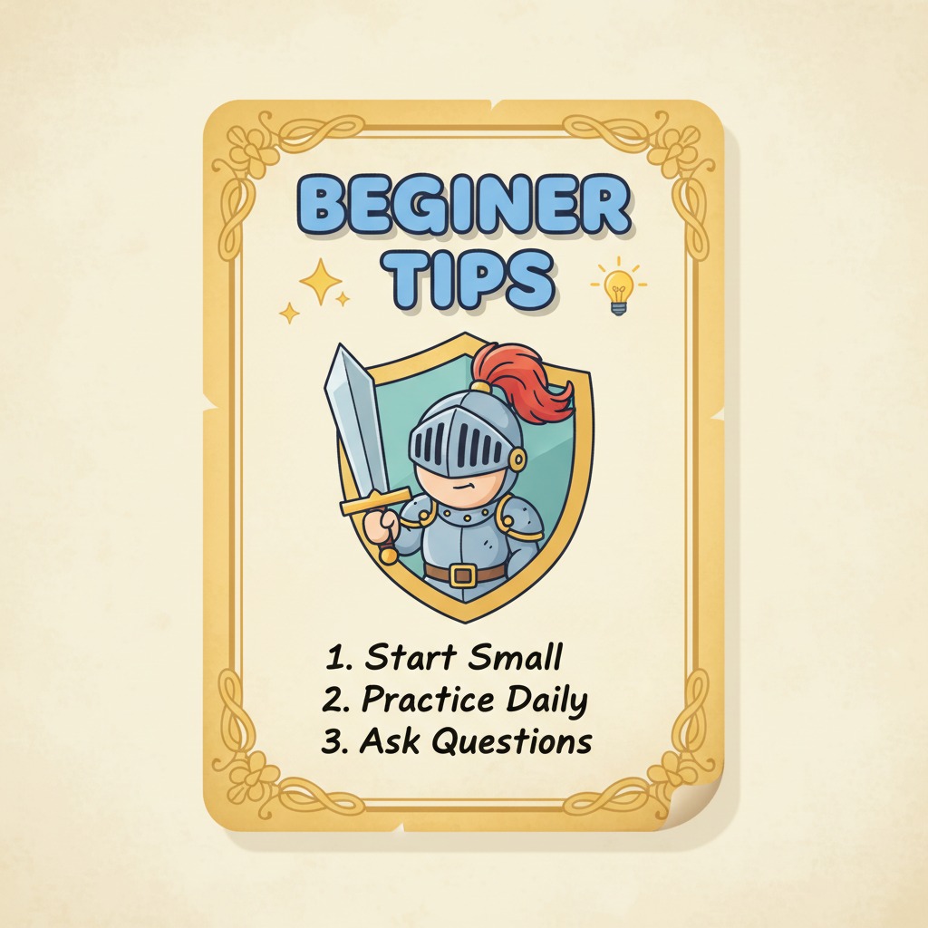 A decorative card titled "Beginer Tips" features a cartoon knight holding a sword and lists three tips: start small, practice daily, and ask questions.