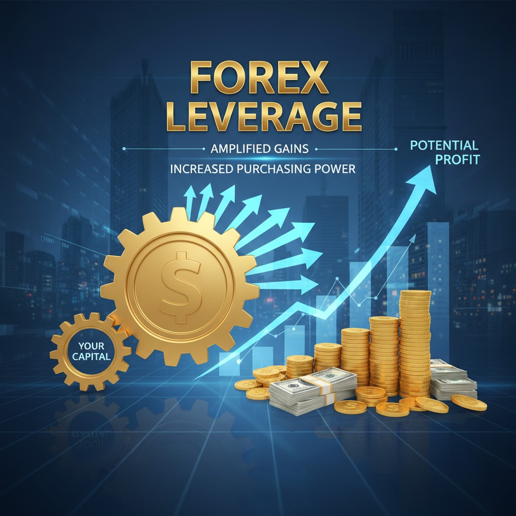 An infographic about forex leverage features golden gears, stacks of coins, and upward-pointing arrows against a blue financial backdrop.