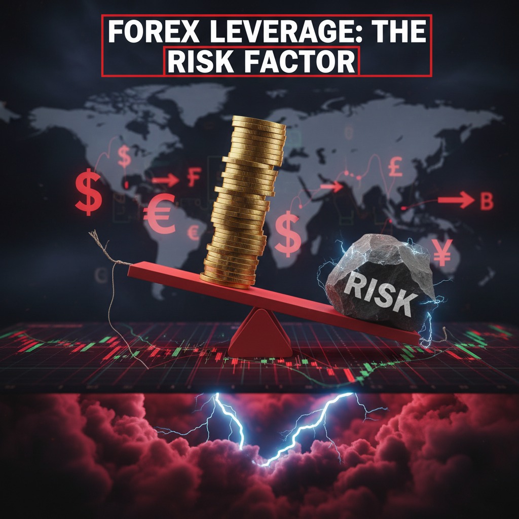 A teeter-totter balances a tall stack of gold coins against a heavy rock labeled RISK, with a world map and trading charts in the background.