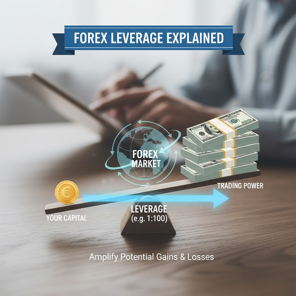 A graphic on a wooden desk illustrates forex leverage, showing a seesaw where a single euro coin labeled "Your Capital" balances a large stack of dollar bills labeled "Trading Power," with a person working on a tablet in the blurred background.