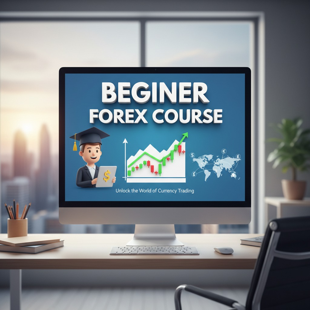 A computer monitor on a desk displays a Beginner Forex Course advertisement featuring a cartoon graduate, a rising stock chart, and a world map.