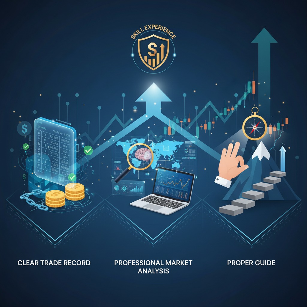 A digital infographic illustrates three business concepts: clear trade records with financial data, professional market analysis using a laptop and magnifying glass, and a proper guide represented by a hand pointing toward a mountain path.