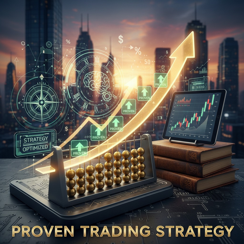 An abacus and a tablet displaying financial charts sit on a desk against a city skyline, overlaid with glowing arrows and digital icons representing a proven trading strategy.