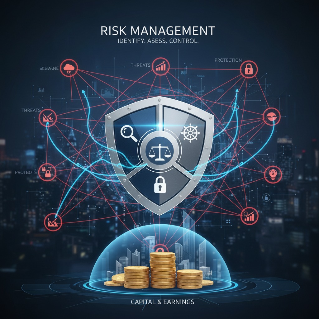 A digital shield icon with symbols for justice, security, and analysis floats above a stack of gold coins protected by a glowing dome against a backdrop of a city skyline and network nodes.