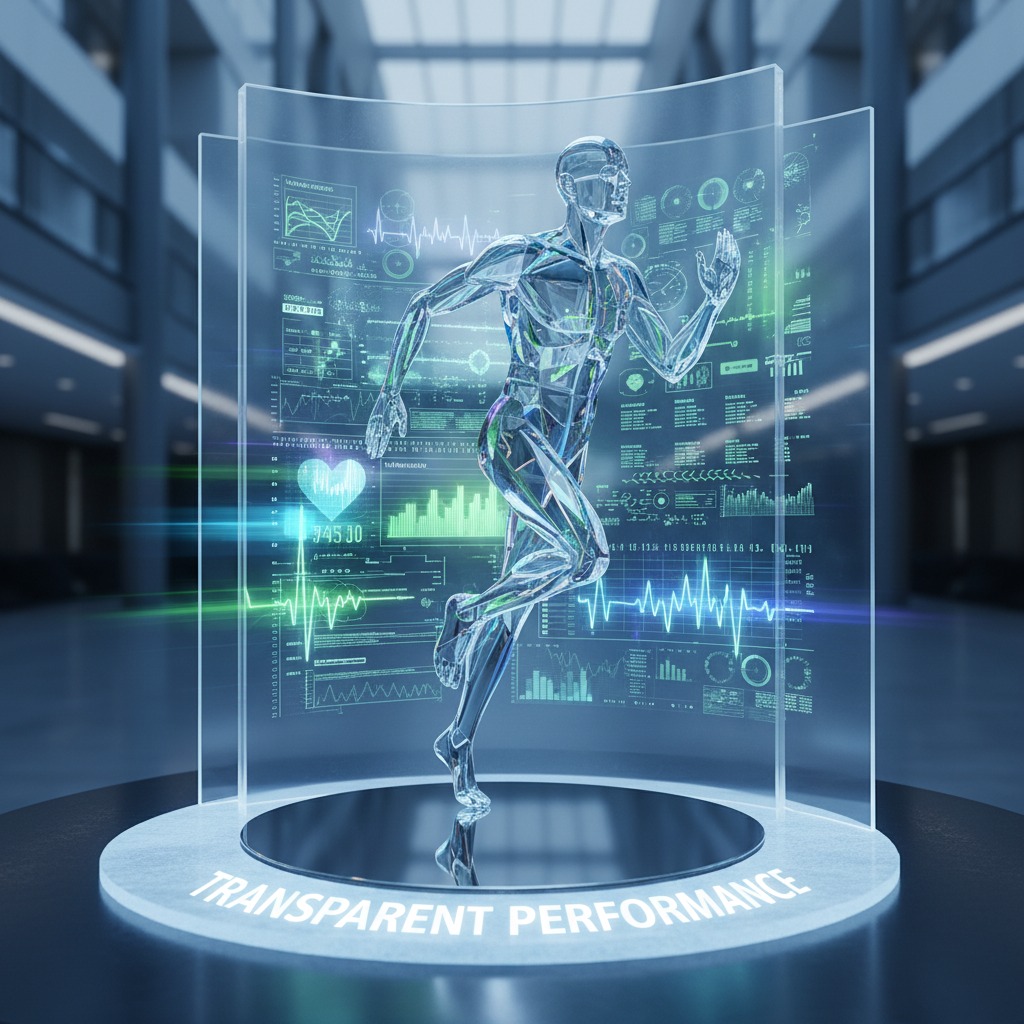 A transparent, crystalline human figure runs within a digital display showing health metrics and data visualizations on a platform labeled "Transparent Performance."