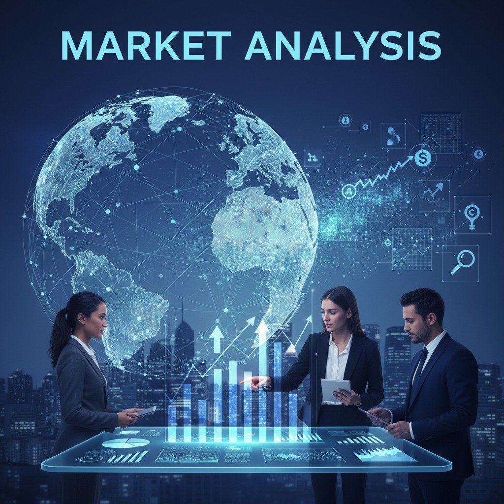 Three business professionals analyze digital charts and a glowing globe projection on a holographic table against a city skyline background.