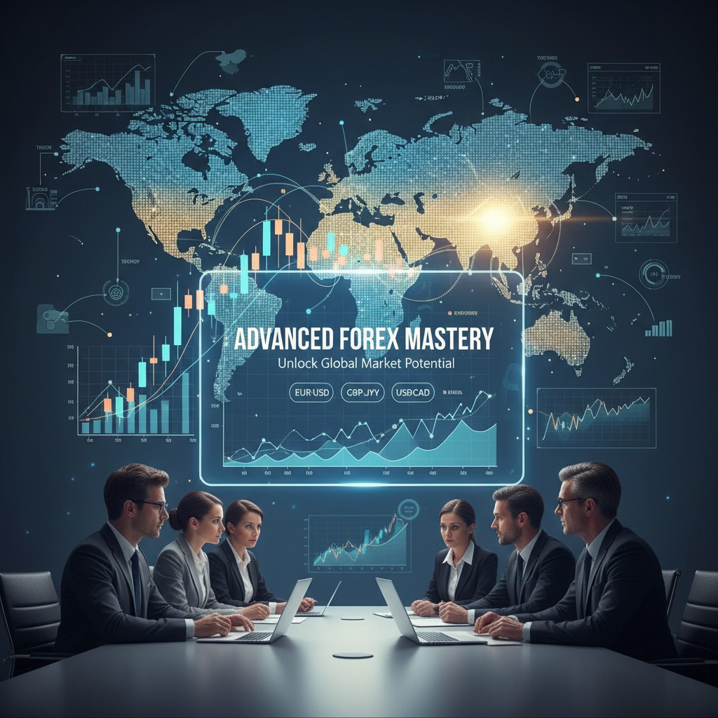 A group of professionals in business attire sit around a conference table looking at a large, glowing digital display of a world map and financial trading charts.