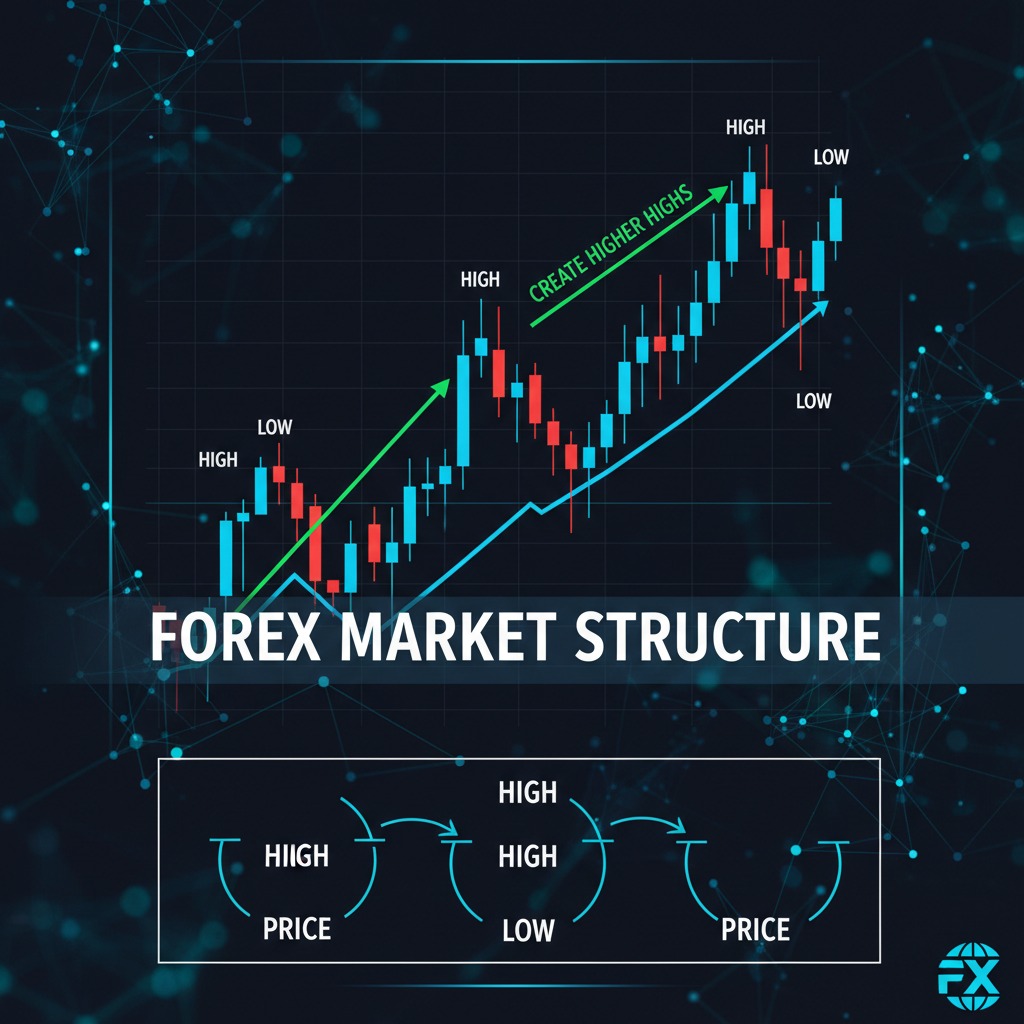A candlestick chart on a dark background displays an upward forex market structure with labeled highs and lows.