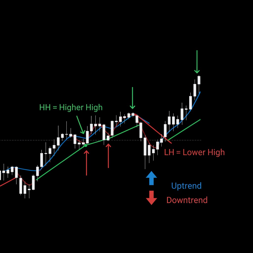 A candlestick chart illustrates an uptrend with labeled higher highs and lower highs.