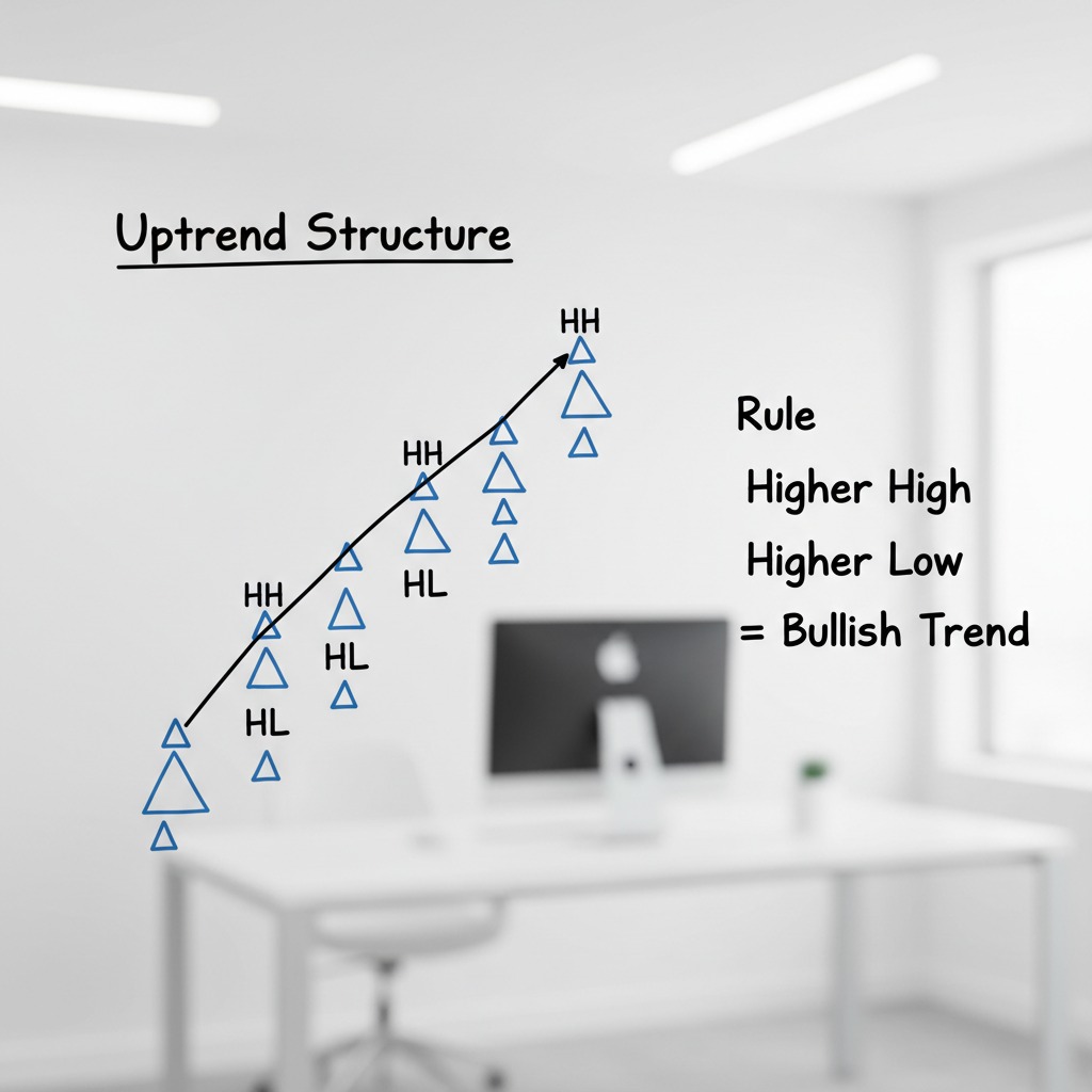 A diagram on an office wall illustrates an uptrend structure featuring higher highs and higher lows marked with blue triangles along an upward-sloping arrow.