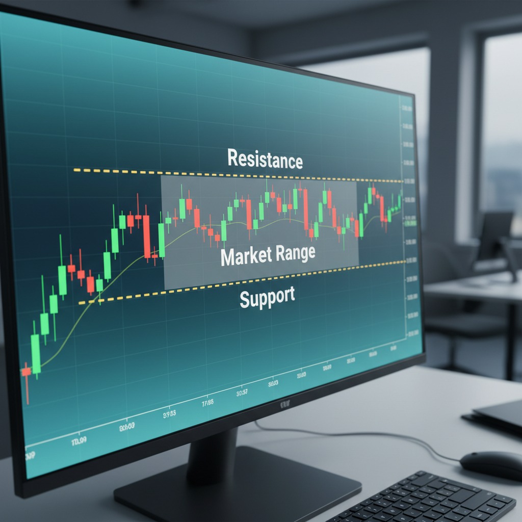 A computer monitor on a desk displays a financial candlestick chart highlighting support and resistance levels.